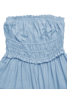Close-up of smocked tube top detail with layered ruffles and delicate smocking technique