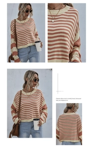 Detail van oranje en beige gestreepte gebreide trui met ronde hals en ribtextuur