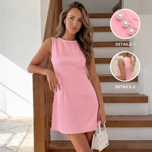 Women Elegant Sleeveless Mini Dress Round Neck Artificial Pearl Beaded Pink A-Line Summer Dress For Party Vacation Daily