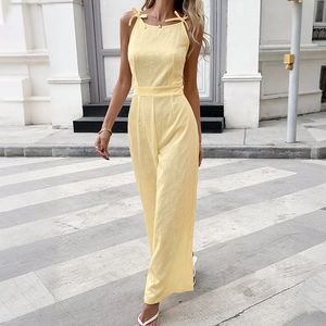 Elegant Women Pale Yellow Floral Jacquard Jumpsuit Sleeveless Bow Tie-Shoulder Wide Leg High Waist Long Romper For Summer Vacation