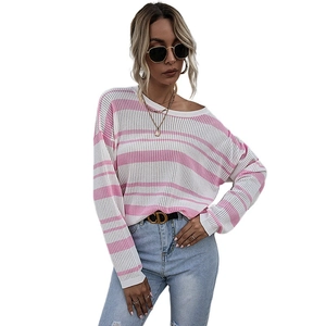 Women's pink and white striped loose knit sweater with casual crewneck and long sleeves