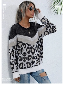Close-up of leopard print stitching and V-shaped color block on knit sweater