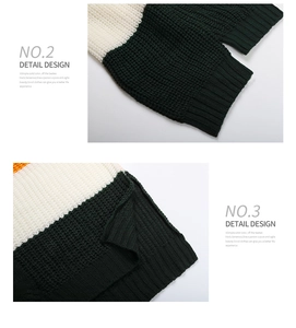 Vue détaillée du pull en tricot multicolore avec poignets côtelés et fente latérale
