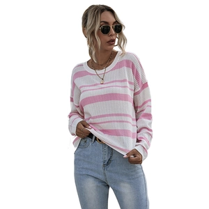 Pink and white striped long-sleeve knit sweater with loose fit and drop shoulders