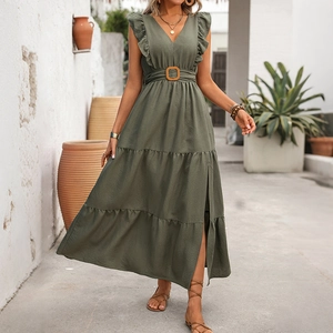 Elegant olive green V-neck maxi dress with ruffle sleeves, belted waist, and side slit