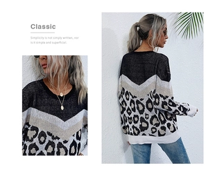 Detail of knit texture and leopard pattern on a loose-fit colorblock crewneck sweater