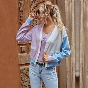 Women Casual V Neck Color Block Patchwork Knitted Cardigan Loose Long Sleeve Button Down Sweater Top Fashion Outwear