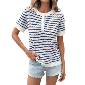 Women's blue and white wave striped knit short sleeve top with buttoned collar
