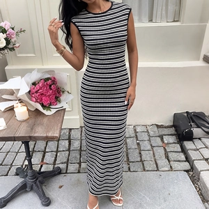 Women Striped Sleeveless Knitted Maxi Dress Slim Fit Bodycon Round Neck Casual Elegant Long Dress For Summer Outfits