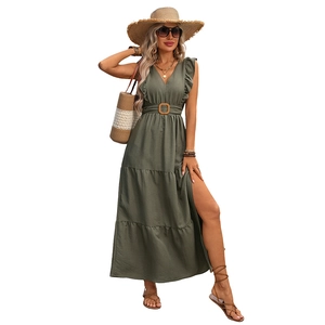 Elegant olive green V-neck summer maxi dress with ruffle sleeves and side slit detail