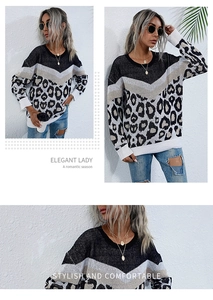 Detail of knit sweater showing color block leopard print and ribbed cuff texture
