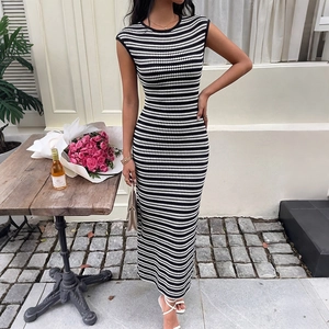 Slim fit sleeveless striped knit long dress for women featuring a chic crew neck design