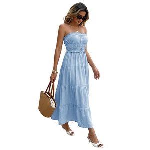 Elegant light blue tiered off-shoulder maxi dress for summer beach vacation style
