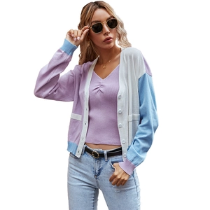 Women's color-block knitted cardigan with violet white and light blue panels