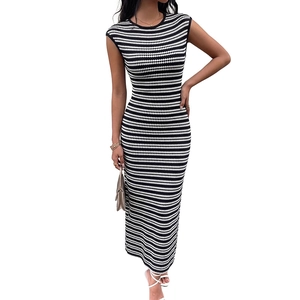 Slim fit black and white striped sleeveless knit maxi dress with a sophisticated crew neck