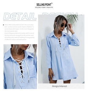 Detail of blue striped shirt dress featuring lace-up collar and classic lapels