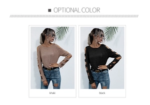 Detail view of khaki and black hollow-out knit sweaters with shoulder cut-out designs