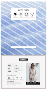 Detailed view of sky blue vertical stripe fabric texture and size specification chart
