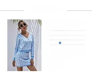 Detailed size chart and model stats for blue houndstooth knitted sweater and skirt set