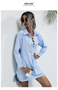 Detail of blue striped shirt dress with V-neck lace-up collar and long sleeves