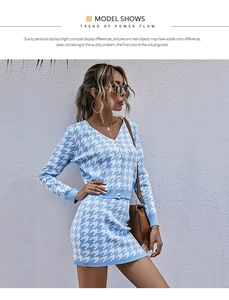 Detail of blue and white houndstooth knit set with V-neck cardigan and bodycon skirt