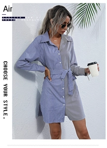 Vertical striped midi shirt dress with button-down front and waist tie belt