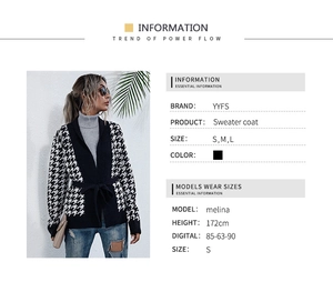 Detail view of houndstooth knit cardigan with waist tie and size chart specifications