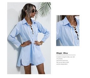 Detailed close-up of light blue striped shirt dress with lace-up collar and side slits
