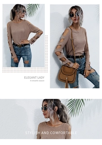 Detail view of brown rib-knit sweater featuring stylish hollow-out shoulder design