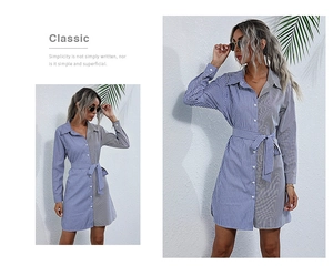 Detail of striped shirt dress featuring waist tie, lapel collar, and button placket