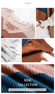 Detail of color block knit sweater with distressed frayed edges and chunky texture
