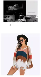 Detail of color block V-neck sweater with distressed frayed edges and loose knit texture