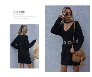 Detail of V-neck knit dress with colorful dots and stylish choker neckline detail