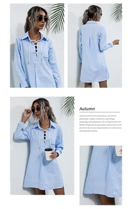 Detail of V-neck drawstring with white rope on blue and white striped shirt dress