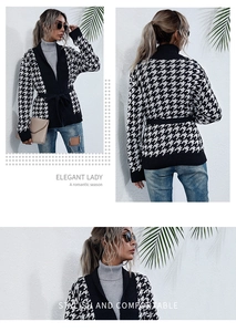 Detailed views of women's black and white houndstooth knit cardigan with waist tie