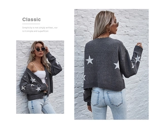 Détails du cardigan gris foncé à motif d'étoiles avec des bords effilochés tendance