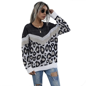Women's loose knit leopard print sweater with stylish V-shaped color block patchwork