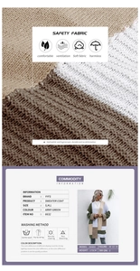 Detail view of color-block knit cardigan showing fabric texture and garment specifications