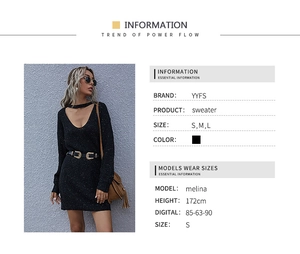 Size chart detail for black V-neck knit sweater dress with sizing and model data