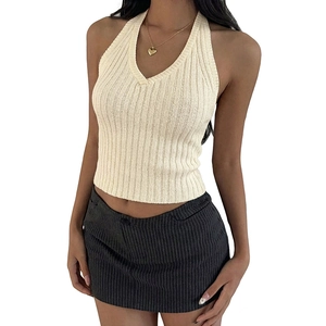 Slim fit cream white halter neck knit top for women with ribbed texture and backless design