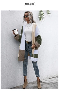 Detail showing high-quality chunky knit texture and color-block design on women cardigan
