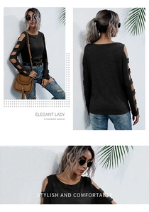 Detailed view of long-sleeve knit sweater featuring stylish cutout sleeve details