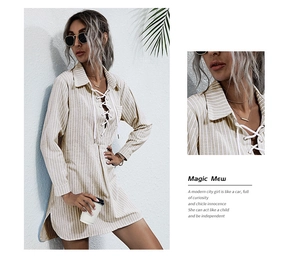 Close-up of the lace-up neckline and striped pattern on this elegant midi shirt dress