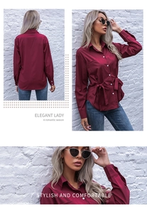 Detail view of burgundy slim-fit shirt with waist tie bow and elegant button-down collar