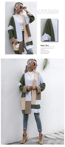 Detail of color-block knit cardigan featuring green and white ribbed texture fabric