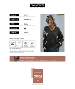 Detail chart of V-neck knitted sweater with star patterns on sleeves and size specifications