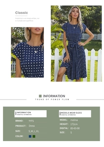 Détail de la robe à pois bleu marine avec col rond et ourlet plissé élégant