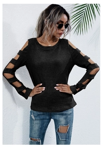 Detail of black long sleeve knit top featuring shoulder cutouts and ladder stitching