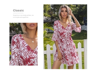 Close-up of V-neckline and red floral plant print on lightweight summer dress fabric
