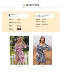 Detail view of tropical leaf print and v-neckline on bohemian summer flare sleeve dress